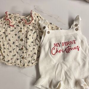 Baby 'My First Christmas' White Knit Romper with Floral Button-Up